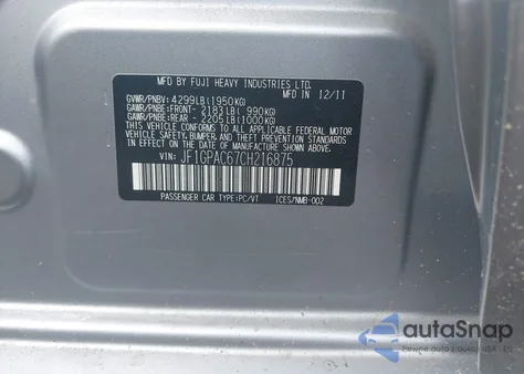 2012 Subaru Impreza 2.0I Premium z USA, uszkodzony, nr VIN JF1GPAC67CH216875